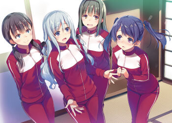Rule 34 | 4girls, breasts, jacket, long hair, medium breasts, multiple girls, novel illustration, official art, pants, tomose shunsaku, track jacket, track pants, track suit, twintails, youkoso jitsuryoku shijou shugi no kyoushitsu e