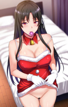 1girl bed black_hair breasts cleavage clothes_lift condom condom_in_mouth condom_wrapper daiaru dress female_pubic_hair fur-trimmed_dress fur_trim gloves highres horikita_suzune indoors lifting_own_clothes light_blush long_hair looking_at_viewer mouth_hold pubic_hair red_dress red_eyes santa_costume santa_dress strap_slip white_gloves youkoso_jitsuryoku_shijou_shugi_no_kyoushitsu_e