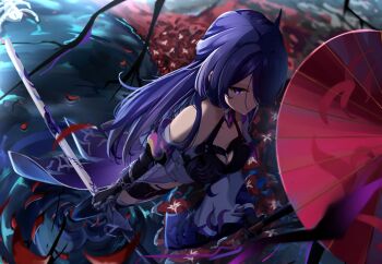 1girl acheron_(honkai:_star_rail) black_choker black_gloves black_shorts bone boots breasts chain choker cleavage coat coattails detached_sleeves flower gloves hair_over_one_eye holding holding_sword holding_weapon honkai:_star_rail honkai_(series) long_hair midriff nagominagon navel oil-paper_umbrella partially_submerged purple_eyes purple_hair red_flower red_umbrella ripples scabbard sheath sheathed short_shorts shorts single_bare_shoulder skeleton solo standing stomach sword thigh_boots umbrella water weapon white_coat