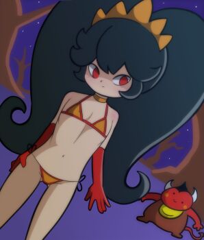 1girl 1other annoyed arms_at_sides ashley_(warioware) bikini black_hair blush closed_mouth elbow_gloves feet_out_of_frame flat_chest gachacash gloves loli long_hair looking_at_another looking_back multicolored_bikini navel night nintendo red_bikini red_eyes red_gloves shaded_face side-tie_bikini_bottom sky solo_focus standing swimsuit twintails two-tone_bikini warioware yellow_bikini