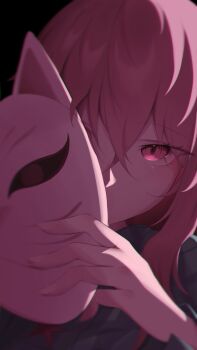 Rule 34 | 1girl, 25omega25, commentary request, fox mask, hata no kokoro, highres, holding, holding mask, long sleeves, looking at viewer, mask, pink eyes, pink hair, solo, touhou