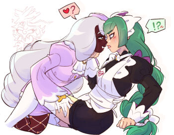 ! !? 2girls ? apron black_romper blunt_bangs blush bow bowtie braid braided_ponytail breasts brown_eyes clefable commentary covering_another's_eyes dark-skinned_female dark_skin dragalge dress english_commentary fascinator fishnet_pantyhose fishnets gen_1_pokemon gen_6_pokemon gloves green_hair heart highres jacinthe_(pokemon) juliet_sleeves khyu leafy_seadragon lebanne_(pokemon) long_braid long_hair long_sleeves looking_at_another low_drills maid maid_apron maid_headdress mega_stone multiple_girls nintendo open_mouth pantyhose pokemon pokemon_(creature) pokemon_legends:_z-a puffy_sleeves purple_dress purple_eyes purple_hair romper smile spoken_exclamation_mark spoken_heart spoken_question_mark sweatdrop thighhighs tsurime very_dark_skin white_bow white_bowtie white_gloves white_thighhighs yuri