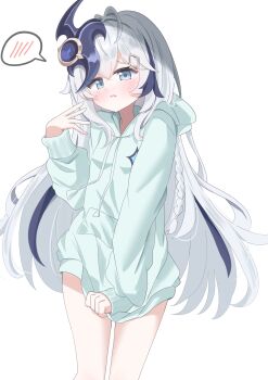 1girl absurdres black_hair blue_eyes blush bottomless commentary cosette_(stella_sora) cowboy_shot embarrassed hair_ornament highres long_hair long_sleeves multicolored_hair open_mouth simple_background solo speech_bubble spoken_blush standing stella_sora streaked_hair thigh_gap two-tone_hair very_long_hair white_background white_hair yuzuline2080