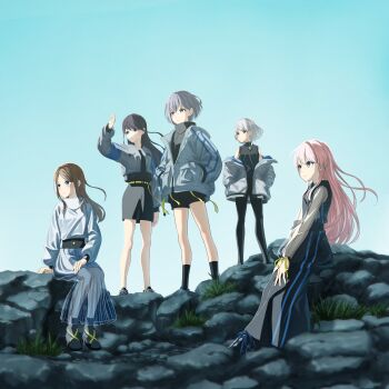 5girls absurdres album_cover bang_dream! bang_dream!_it&#039;s_mygo!!!!! belt black_dress black_hair black_pants black_shirt black_shoes black_shorts black_skirt black_socks blue_eyes blue_skirt brown_eyes brown_hair chihaya_anon closed_mouth commentary_request cover dress floating_hair grey_eyes grey_hair grey_jacket hand_up hands_in_pockets heterochromia highres jacket kaname_raana long_hair long_sleeves multiple_girls mygo!!!!!_(bang_dream!) nagasaki_soyo off_shoulder official_art open_clothes open_jacket pants pink_hair purple_eyes second-party_source see-through_clothes see-through_skirt shading_face shiina_taki shirt shoes short_hair shorts shuzuku sidelocks sitting skirt sky sleeveless sleeveless_shirt socks standing sweater takamatsu_tomori white_hair white_jacket white_sweater yellow_belt yellow_eyes