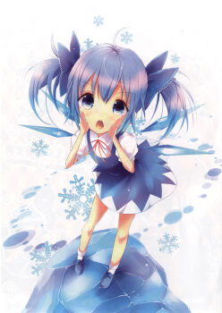 1girl ahoge alternate_hairstyle artbook blue_bow blue_dress blue_eyes blue_hair blue_shoes bow cirno collared_shirt detached_wings dress full_body hair_bow highres ice ice_wings loafers looking_at_viewer neck_ribbon open_mouth pinafore_dress puffy_short_sleeves puffy_sleeves red_ribbon ribbon scan shirt shoes short_hair short_sleeves shouting_with_hands sleeveless sleeveless_dress snowflakes socks solo standing touhou twintails uta_(kuroneko) white_background white_shirt white_socks wings