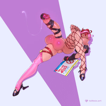 1futa ahoge anus artist_name asymmetrical_legwear book breasts broken_high_heel english_text fishnet_gloves fishnet_thighhighs fishnets full_body futanari gloves highres huge_penis huge_testicles large_breasts multicolored_hair orange_hair original penis short_hair solo streaked_hair tailbox testicles thighhighs