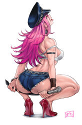 Rule 34 | 1girl, absurdres, ass, back, blue shorts, breasts, chain, commentary, crop top, cutoffs, denim, denim shorts, english commentary, final fight, full body, hat, high heels, highres, holding, holding whip, juaag acgy, long hair, looking back, muscular, muscular female, peaked cap, pink hair, poison (final fight), red footwear, short shorts, shorts, simple background, solo, squatting, street fighter, tank top, tongue, tongue out, white background, white tank top