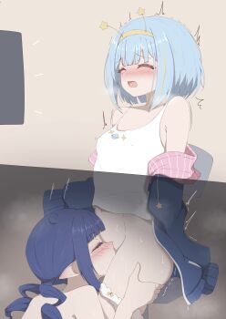 2girls absurdres blonde_hair blue_hair blue_jacket blush breasts closed_eyes commentary cunnilingus dizzy_dokuro hairband highres jacket jelly_hoshiumi motion_lines multicolored_hair multiple_girls open_clothes open_jacket open_mouth oral panties panties_around_leg phase_connect pointy_ears second-party_source sen_(senkuden) short_hair sleeves_past_fingers sleeves_past_wrists small_breasts star_(symbol) streaked_hair sweat tank_top trembling underwear virtual_youtuber white_tank_top yellow_hairband yuri