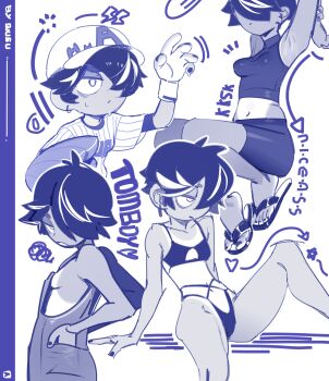 Rule 34 | 1girl, absurdres, arms up, arrow (symbol), baseball cap, baseball glove, baseball jersey, bike shorts, bikini, black nails, breasts, commentary request, earrings, feet, flip-flops, hair over one eye, half-closed eyes, hands in pocket, hat, heart, highres, jersey, jewelry, li xiahua (prisoners book), monochrome, multi-strapped bikini bottom, navel, one-piece tan, original, overalls, playing sports, prisoners book (artist), purple theme, sandals, short hair, sideboob, small breasts, solo, squiggle, swimsuit, tan, tanline, toes, tomboy