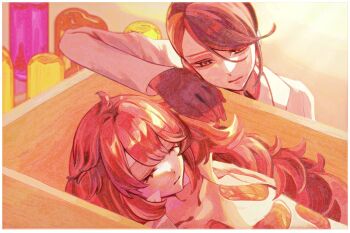 2others black_gloves black_hair box commentary_request gem gloves head_on_hand highres houseki_no_kuni in_box in_container lab_coat long_hair lying multicolored_hair multiple_others nogiii_3 open_clothes open_shirt padparadscha_(houseki_no_kuni) red_gemstone red_hair rutile_(houseki_no_kuni) sad