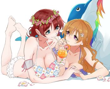 2girls bikini breasts brown_hair cleavage cocktail dolphin drink emma_verde flower flower_bikini food freckles fruit goat green_eyes hair_flower hair_ornament hairclip highres holding_hands inflatable_toy konoe_kanata large_breasts long_hair looking_at_another love_live! love_live!_nijigasaki_high_school_idol_club monowe multiple_girls orange_(fruit) purple_eyes rainbow smile swimsuit white_background yuri