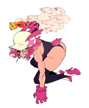 1girl animal_ears ass bare_shoulders blood breasts cherry_(zephyr_gales) fire full_body gloves hat high_heels incoming_attack incoming_punch injury looking_at_viewer mechanical_arms medium_breasts muscular muscular_female one_eye_covered pink_eyes pink_hair punching rabbit_ears rabbit_tail single_mechanical_arm smile soles tail teeth thighhighs void_dot_exe white_background