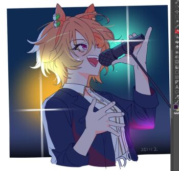 1girl adobe_photoshop animal_ears blue_jacket buttons ck_switch_sc collared_shirt dated from_side hair_between_eyes holding holding_microphone horse_ears horse_girl jacket karaoke long_sleeves microphone music neon_lights open_mouth orange_hair photoshop_(medium) purple_eyes shirt singing solo sweat t.m._opera_o_(casual)_(umamusume) t.m._opera_o_(umamusume) teeth thick_eyelashes umamusume upper_body upper_teeth_only white_shirt