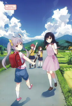 4girls :d ahoge antenna_hair arm_up artist_name backpack bag black_hair black_socks blush brown_eyes brown_hair child clenched_hand cloud day dress english_text flower flute full_body grass hair_ribbon highres hill holding holding_flute holding_instrument ichijou_hotaru instrument jitome kneehighs koshigaya_komari koshigaya_natsumi loafers long_hair looking_at_viewer looking_back miyauchi_renge multiple_girls neck_ribbon non-web_source non_non_biyori open_mouth outdoors parted_lips path pleated_skirt purple_hair randoseru recorder red_hair ribbon road sasamori_tomoe school_uniform shirt shoes short_sleeves shorts siblings silhouette sisters skirt smile sneakers socks standing standing_on_one_leg sunflower sweater_vest twintails white_legwear