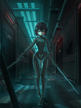 1girl absurdres black_bodysuit black_hair bodysuit cluebox covered_collarbone door dual_wielding eye_mask hair_ornament hairclip hallway head-mounted_display highres holding holding_sword holding_weapon latex latex_bodysuit mask original puddle reflection shiny_clothes skin_tight solo straight-on sword variant_set walking weapon