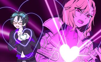 1boy 1other belt black_jacket black_pants blush bucchigiri?! closed_eyes collarbone commentary disgust fang glasses glowing_heart goggles goggles_on_head green_hair hair_ornament hairclip heart heart_hands heart_in_heart_hands highres hjm_gn jacket long_sleeves love_je_t&#039;aime medium_hair moe_moe_kyun! navel open_mouth pants parody partially_open_jacket pink_eyes purple_sweater scene_reference setsu_(gnosia) sha-ming short_hair smile sweat sweater