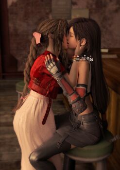 2girls 3d aerith_gainsborough bar_stool bare_arms bare_shoulders belt black_hair black_legwear bow bracelet braid brown_hair buckle closed_eyes collar dress earrings elbow_gloves elbow_pads female_focus final_fantasy final_fantasy_vii final_fantasy_vii_remake fingerless_gloves flower gloves hand_on_another&#039;s_cheek hand_on_another&#039;s_face hand_on_another&#039;s_head hand_on_another&#039;s_shoulder highres indoors jacket jewelry kiiseru kiss long_hair low-tied_long_hair midriff multiple_girls parted_lips pink_bow pink_dress pink_ribbon red_jacket ribbon sitting skirt square_enix standing stool thighhighs tifa_lockhart twitter_username watermark web_address yuri