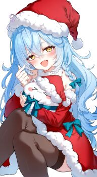 1girl :d absurdres ahoge black_thighhighs blue_hair braid commentary_request crossed_bangs darjeeling_(reley) detached_sleeves double-parted_bangs dress fang finger_heart fur-trimmed_dress fur-trimmed_headwear fur-trimmed_sleeves fur_collar fur_trim hair_between_eyes hand_up hat heart heart_ahoge highres hololive knees_together_feet_apart long_hair looking_at_viewer multicolored_hair open_mouth pointy_ears pom_pom_(clothes) red_dress red_hat red_sleeves santa_costume santa_dress santa_hat side_braid simple_background sitting skin_fang sleeveless sleeveless_dress smile solo streaked_hair thighhighs very_long_hair virtual_youtuber white_background yellow_eyes yukihana_lamy yukimin_(yukihana_lamy)