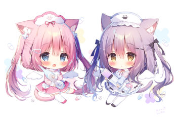 2girls :3 angel_wings animal_ear_fluff animal_ears apron armband black_shoes blue_dress blue_eyes blush bow cat_ears cat_girl cat_tail chibi chibi_only commentary_request detached_wings dress fang frilled_apron frills hair_between_eyes hair_bow hair_ornament hair_ribbon hairclip hat heart heart_o-ring highres holding holding_thermometer large_syringe long_hair long_sleeves momozu_komamochi multiple_girls nurse nurse_cap o-ring o-ring_top open_mouth original oversized_object pantyhose parted_lips pill pink_armband pink_bow pink_hair pink_ribbon pink_shirt pink_shoes pink_skirt purple_hair ribbon shirt shoes single_thighhigh skirt smile syringe tail tareme thermometer thigh_strap thighhighs twintails two_side_up white_apron white_hat white_pantyhose white_thighhighs white_wings wings x_hair_ornament yellow_eyes