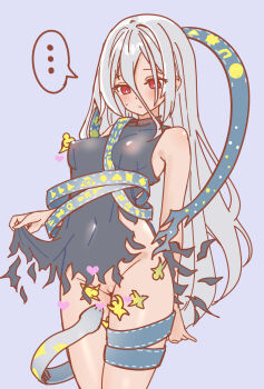 1girl breasts covered_erect_nipples highres lifting_own_clothes long_hair looking_down pussy red_eyes simple_background soara_shimomo speech_bubble sweat torn_clothes touhou white_hair yuiman_asama