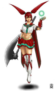 Rule 34 | 1girl, axe, battle axe, boots, commentary request, crop top, earrings, energy ball, energy orb, fingerless gloves, floating, full body, getter robo, gloves, green neckerchief, hand up, holding, holding axe, humanization, jewelry, midriff, navel, neckerchief, pleated skirt, powering up, red gloves, red hair, red sailor collar, red skirt, red wings, sailor collar, school uniform, serafuku, shin getter-1, shin getter robo, shirt, short sleeves, skirt, smile, solo, stoner sunshine, teba, thigh boots, twintails, weapon, white boots, white shirt, wings, yellow eyes