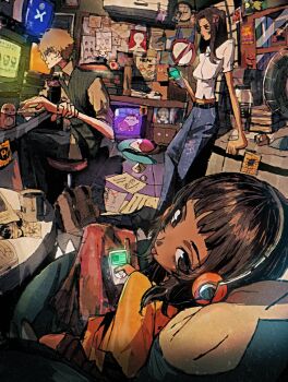 1boy 2girls :p air_conditioner analog_clock anya_(mouthwashing) belt black_hair black_pants blue_pants brown_hair cellphone clock coffee_maker commission copyright_request crayon_shin-chan cup dark-skinned_female dark_skin doko_demo_issyo electric_fan fumo_(doll) gen_1_pokemon glasses grey_shirt hair_ornament hairclip hand_on_own_wrist hatsune_miku headphones hello_kitty hello_kitty_(character) highres ikari_shinji indoors inoue_toro ipod jojidoboro looking_back monitor mouthwashing mp3_player mug multiple_girls neon_genesis_evangelion nintendo original pants phone pikachu pokemon poster_(object) round_eyewear sanrio shirt sitting stool sweater_vest tea tongue tongue_out vocaloid white_shirt