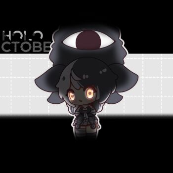 1girl :d absurdres black_hair blush chibi chibi_only commentary cropped_legs dark decrilus english_commentary glowing glowing_eyes grey_background grid_background highres hololive hololive_english letterboxed looking_at_viewer multicolored_hair open_mouth outline outside_border shiori_novella short_hair smile solo two-tone_hair virtual_youtuber white_hair white_outline yellow_eyes