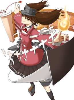 Rule 34 | 1girl, black skirt, boushi-ya, brown eyes, brown hair, fire, full body, highres, japanese clothes, kantai collection, kariginu, long hair, magatama, parted bangs, platform shoes, pleated skirt, ryuujou (kancolle), scroll, shikigami, simple background, skirt, solo, twintails, visor cap, white background