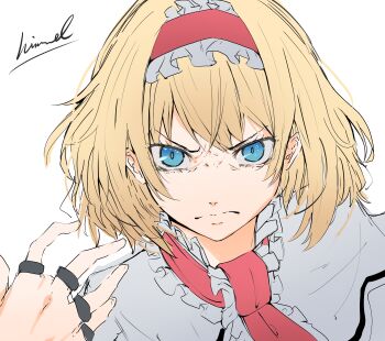 1girl alice_margatroid artist_name ascot blonde_hair blue_eyes closed_mouth concentrating frilled_hairband frills furrowed_brow grey_shirt hairband highres jewelry multiple_rings nuru_himmel red_ascot red_hairband ring shirt short_hair signature simple_background solo touhou white_background