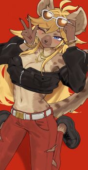1girl :3 animal_ears animal_nose blonde_hair blue_eyes body_fur bone breasts brown_fur buchiage_hannah cleavage commentary commission eyewear_on_head full_body furry furry_female gold_necklace gyaru highres hyena_ears hyena_girl indie_virtual_youtuber jewelry kneeling long_hair long_sleeves looking_at_viewer nashinoro_kikuri navel necklace one_eye_closed onee_gyaru pants red_background red_pants shirt simple_background skeb_commission smile sunglasses virtual_youtuber w zipper