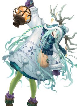 1girl absurdres antler_ornament antlers horns_through_headwear beanie blue_hat blue_scarf earflap_beanie fate/grand_order fate_(series) fujigaya_seizo green_eyes hair_between_eyes hat highres holding holding_lantern horns lantern long_hair long_sleeves looking_at_viewer louhi_(fate) louhi_(second_ascension)_(fate) mittens open_mouth pantyhose pom_pom_(clothes) pom_pom_beanie purple_mittens scarf sharp_teeth smile solo sweater teeth very_long_hair white_eyes white_sweater woollen_cap yellow_pantyhose