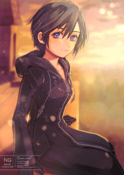 1girl black_coat black_coat_(kingdom_hearts) black_gloves blurry blurry_background closed_mouth coat commentary_request full-length_zipper gloves hair_between_eyes highres hood hood_down hooded_coat kingdom_hearts kingdom_hearts_358/2_days long_sleeves looking_at_viewer man_tar0 purple_eyes short_hair sitting smile solo xion_(kingdom_hearts) zipper zipper_pull_tab