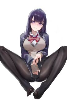 1girl absurdres black_pantyhose blazer blue_jacket bow bowtie breasts brown_cardigan cardigan chinese_commentary closed_mouth collared_shirt commentary commentary_request commission dress_shirt english_commentary far_side feet foot_focus grey_skirt highres jacket large_breasts legs long_hair long_sleeves looking_at_viewer m_legs miru_tights mixed-language_commentary mole mole_under_eye nakabeni_yua open_clothes open_jacket panties panties_under_pantyhose pantyhose pantyshot pixiv_commission pleated_skirt purple_eyes purple_hair red_bow red_bowtie school_uniform shirt simple_background skirt solo spread_legs toes underwear white_background white_shirt