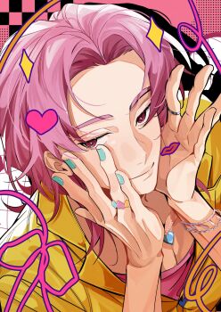Rule 34 | 1boy, aqua nails, bracelet, closed mouth, hashtag-only commentary, heart, highres, jewelry, kpop demon hunters, male focus, pater, pink eyes, pink hair, ring, romance (kpop demon hunters), shirt, smile, solo, sparkle, yellow shirt