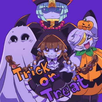 1boy 3girls black_eyes blonde_hair blue_eyes blue_hair braid brown_eyes brown_hair commentary dolphi_(funamusea) english_commentary fins fukami_(funamusea) funamusea ghost_costume hair_over_one_eye halloween halloween_costume happy_halloween head_fins highres jack-o'-lantern jewelry jiangshi_costume kimjalx memoca_(funamusea) multicolored_hair multiple_girls necklace oounabara_to_wadanohara outstretched_arms pearl_necklace pointy_ears twin_braids twitter_username two-tone_hair vampire_costume wadanohara white_hair zombie_pose