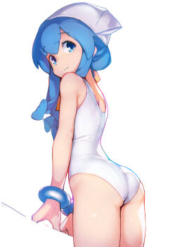 1girl absurdres arm_support ass ataruman bad_link bent_over blue_eyes blue_hair bracelet closed_mouth expressionless female_focus from_side hat highres ikamusume jewelry long_hair looking_at_viewer one-piece_swimsuit shinryaku!_ikamusume simple_background solo swimsuit third-party_source white_background white_hat white_one-piece_swimsuit