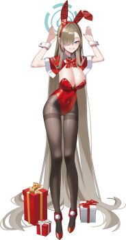 1girl absurdres animal_ears asuna_(blue_archive) black_pantyhose blonde_hair blue_archive blue_eyes blue_halo bow bowtie breasts capelet christmas cleavage fur-trimmed_capelet fur_trim gift hair_over_one_eye halo highres large_breasts leotard long_hair looking_at_viewer marks_(dmhunsu10) mole mole_on_breast pantyhose playboy_bunny rabbit_pose red_leotard red_shoes shoes smile solo very_long_hair wrist_cuffs