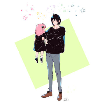 Rule 34 | 1boy, 1girl, absurdres, ahoge, anya (spy x family), awarinko, black dress, black hair, black shoes, bobby socks, brown shoes, closed mouth, dress, eye contact, green background, grey pants, highres, lifting person, long sleeves, looking at another, pants, pink hair, puffy long sleeves, puffy sleeves, red eyes, shoes, short sleeves, socks, spy x family, star (symbol), two-tone background, white background, white socks, yuri briar