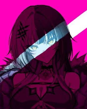 1girl bare_shoulders black_hair breasts choker cleavage closed_mouth commentary corrupted_twitter_file dress english_commentary fur_trim grey_hair hair_ornament highres hololive hololive_english large_breasts long_hair looking_at_viewer mentally_deficient multicolored_hair pendant_choker pink_background shade shiori_novella shiori_novella_(1st_costume) simple_background smile solo split-color_hair two-tone_hair upper_body virtual_youtuber yellow_eyes