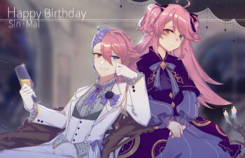 2girls :d absurdres ahoge alcohol bad_id bad_pixiv_id blue_eyes champagne champagne_flute character_name closed_mouth crossdressing crossdressing_(mtf) cup dress drinking_glass formal_clothes gloves grin happy_birthday heterochromia highres holding holding_cup honkai_(series) honkai_gakuen jacket long_hair looking_at_viewer multicolored_hair multiple_girls multiple_views open_mouth pink_hair purple_dress purple_hair sharp_teeth short_hair silence_(pixiv18541142) sin_mal smile teeth two-tone_hair white_gloves white_jacket yellow_eyes