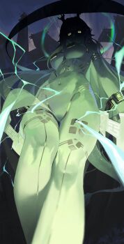 Rule 34 | 1girl, absurdres, arknights, arknights: endfield, body markings, breasts, colored skin, commentary request, dragon girl, dragon horns, dragon tail, eastern dragon horns, eastern dragon tail, energy, eyes in shadow, feet out of frame, green eyes, green hair, green lightning, green skin, highres, horns, li-mi, long hair, looking at viewer, medium breasts, navel, orange pupils, pointy ears, solo, tail, thigh gap, zhuang fangyi (arknights), zhuang fangyi (empyrean of truth) (arknights)