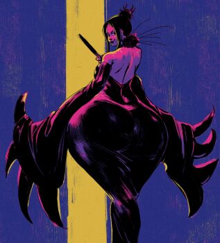 1girl alternate_ass_size arachne_gorgon ass bare_shoulders black_dress black_hair curvy dress hair_bun highres huge_ass long_dress looking_at_viewer looking_back neon_palette redblacktac sleeveless sleeveless_dress smile soul_eater standing wide_hips