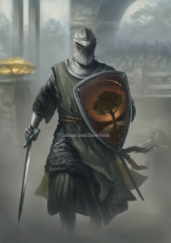 Rule 34 | 1boy, 1other, a knight of the seven kingdoms, a song of ice and fire, armor, artist name, chainmail, commentary, draw souls, duncan the tall, english commentary, fog, full armor, gauntlets, helmet, holding, holding shield, holding sword, holding weapon, male focus, outdoors, patreon username, planted, planted sword, planted weapon, shield, shooting star, sword, tree, watermark, weapon, web address