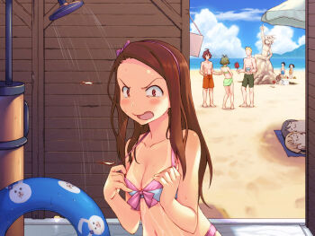 3boys 4girls :3 adjusting_clothes adjusting_swimsuit akizuki_ryo amagase_touma angry aramaki_scaltinof beach bikini bikini_tan blush breasts brown_eyes brown_hair cleavage cloud crossdressing futaba_anzu hagiwara_yukiho hairband idolmaster idolmaster_(classic) idolmaster_cinderella_girls ijuuin_hokuto ikayaki indoors innertube kamina_(ttgl) kamina_shades long_hair looking_at_viewer minase_iori mitarai_shouta mizutani_eri multiple_boys multiple_girls open_mouth outdoors parody red_eyes short_hair shower sky swim_ring swimsuit takatsuki_yayoi tan tanline temurei_(vovovov) tengen_toppa_gurren_lagann trap triangular_eyewear wet