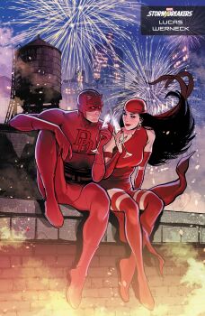 Rule 34 | 1boy, 1girl, absurdres, artist name, bandana, black hair, bodysuit, champagne flute, character logo, city, comic cover, company name, couple, cover, cover page, cowl, cup, daredevil, daredevil (series), drinking glass, earrings, elektra natchios, english text, fake horns, fireworks, floating clothes, floating hair, gloves, hetero, highres, holding, holding cup, horns, jewelry, leotard, long hair, looking at another, lukas werneck, marvel, matt murdock, muscular, muscular male, night, official art, on rooftop, outdoors, red bandana, red bodysuit, red gloves, red horns, red leotard, red lips, red nails, red thighhighs, sitting, smile, superhero costume, thighhighs, toasting (gesture), water tower, western comics (style)