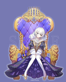 1girl arched_crown between_legs black_dress blue_gem center-flap_bangs collarbone colored_inner_hair copyright_notice cross cross_earrings crown dress earrings expressionless festoon_(necklace) full_body fumiko_(throughx2) gem gold_shoes gown greek_cross hand_between_legs head_tilt heterochromia high-low_dress high_heels jewelry kasukano_uturo knees_together_feet_apart layered_sleeves long_sleeves looking_at_viewer multicolored_dress multicolored_hair necklace neo-porte official_art parted_lips pearl_necklace pigeon-toed puffy_long_sleeves puffy_sleeves purple_background purple_dress purple_eyes sample_watermark shoes short_hair sidelocks simple_background sitting sitting_on_throne solo straight-on supportasse thighhighs throne two-sided_dress two-sided_fabric unworn_crown v_arms virtual_youtuber watermark wedge_heels white_hair white_thighhighs yellow_dress yellow_eyes