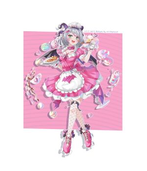 1girl apricot_the_lich apron artist_name bat_hair_ornament black_horns black_wings braid chain cup cupcake donut dress fishnet_thighhighs fishnets food gloves green_eyes grey_hair hair_ornament heart holding holding_cup holding_tray horn_earrings horns inline_skates macaron milkshake name_tag o-ring o-ring_thigh_strap open_mouth pink_dress pointy_ears roller_skates skates smile solo srinitybeast teacup thigh_strap thighhighs tray virtual_youtuber vshojo waist_apron waitress white_apron white_gloves wings