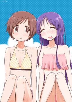 2girls ^_^ absurdres bare_shoulders bikini blush brown_hair closed_eyes collarbone dotted_background hasegawa_fumi highres hinata_yukari knees_up looking_at_another multiple_girls open_mouth red_bikini short_hair sitting sky smile strapless strapless_bikini swimsuit tareme wariza yellow_bikini yunibasu yuyushiki