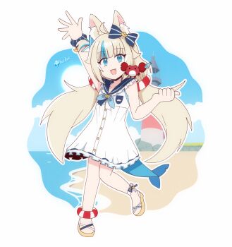 Rule 34 | 1girl, :d, ahoge, animal, animal ear fluff, animal ears, animal on shoulder, arm up, artist logo, artist name, bare arms, beach, blonde hair, blue bow, blue eyes, blue sailor collar, blue scrunchie, blue sky, blue streaks, blunt bangs, bow, brown sandals, buttons, cat ears, cloud, cloudy sky, collarbone, commentary, crab, crab on shoulder, curled fingers, day, dot nose, dress, english commentary, fang, fins, fish girl, fish tail, frilled dress, frilled sailor collar, frills, full body, gold buttons, hair bow, hair ornament, hanifanims, highres, indie virtual youtuber, kaniki (sameko saba), knees together feet apart, lifebuoy anklet, lifebuoy hair ornament, lighthouse, logo, long hair, looking at viewer, low twintails, multicolored hair, no toes, ocean, on shoulder, open mouth, outdoors, outline, sailor collar, sailor dress, sameko saba, sameko saba (1st costume), sandals, scrunchie, short dress, sky, sleeveless, sleeveless dress, smile, solo, spread fingers, standing, streaked hair, tail, twintails, two-tone hair, very long hair, virtual youtuber, waving, white dress, white outline