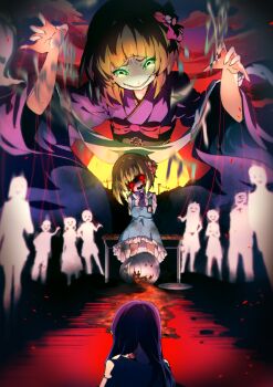 3girls 6+others absurdres bell blonde_hair blue_skirt bow cloud cloudy_sky commentary_request crying curry dual_persona food green_eyes higanbana_no_saku_yoru_ni highres hill hinamikan japanese_clothes kimono laughing multiple_girls multiple_others name_tag necktie puppet_strings puppeteering purple_kimono purple_necktie red_bow sakaki_yukari skirt sky smile spill string sumire_(higanbana) sun sunset wide_sleeves yukata